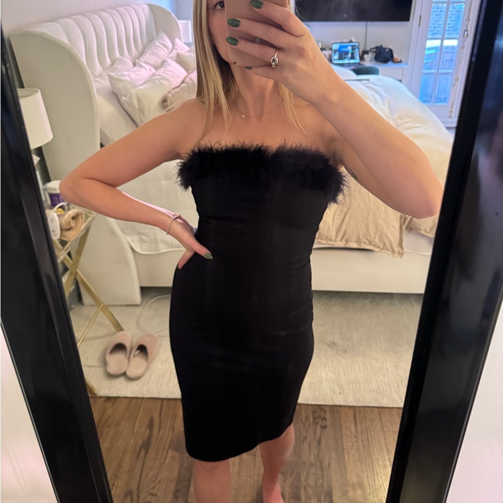 Reformation Black Strapless Midi Dress with Faux Fur Neckline  - Size 2